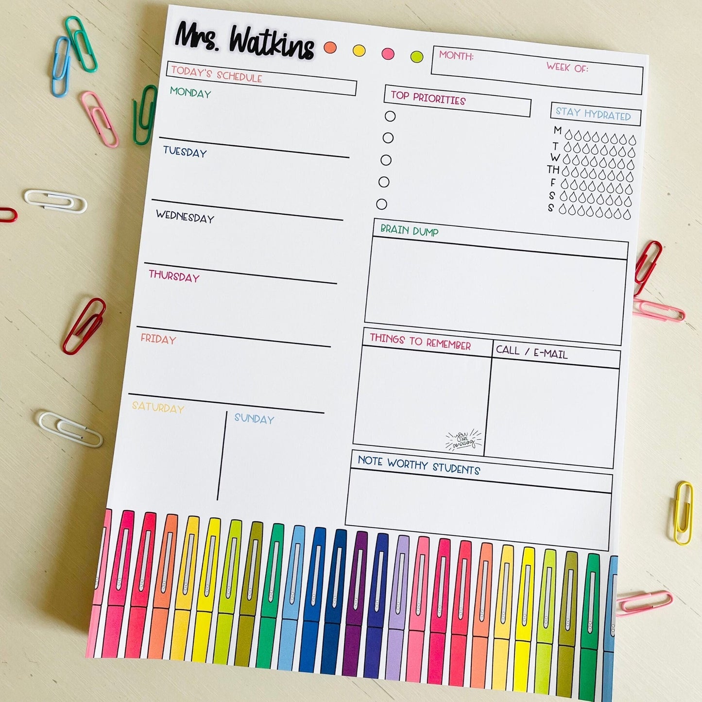 Rainbow Pen Weekly Teacher Planner